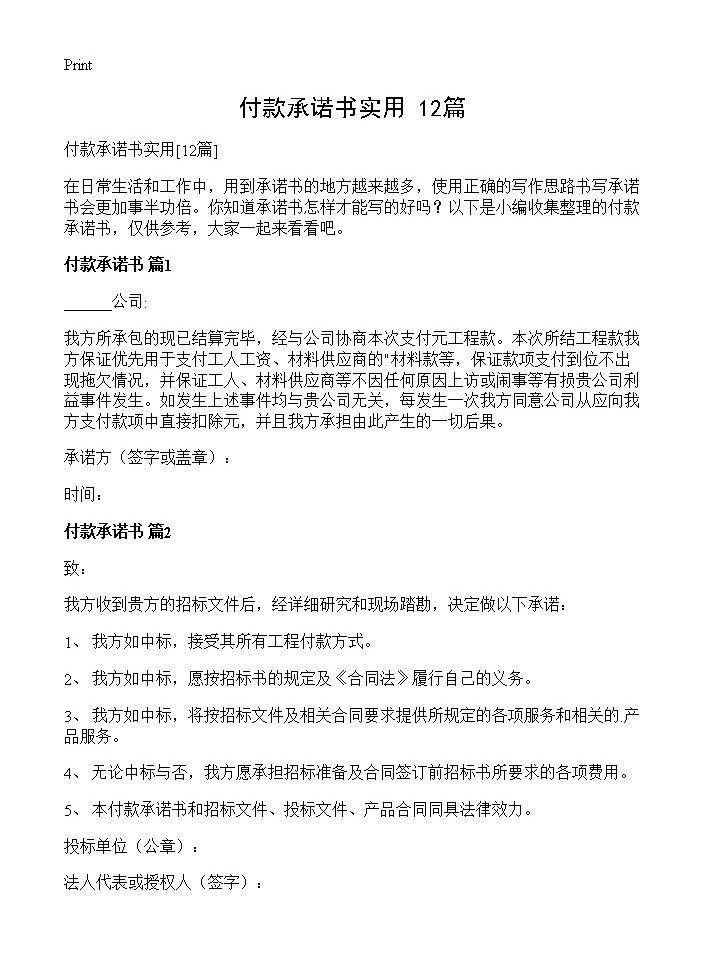 付款承诺书实用12篇