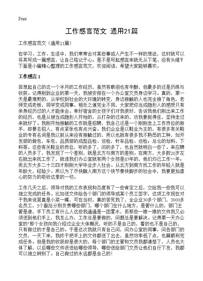 工作感言范文21篇