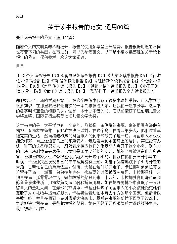 关于读书报告的范文80篇