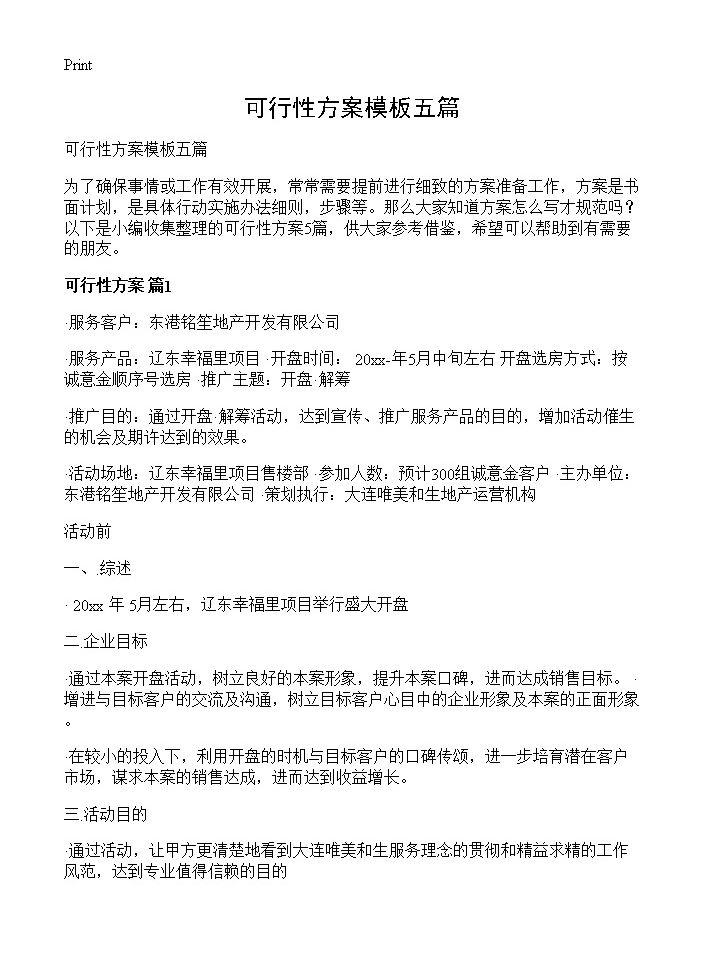 可行性方案模板五篇