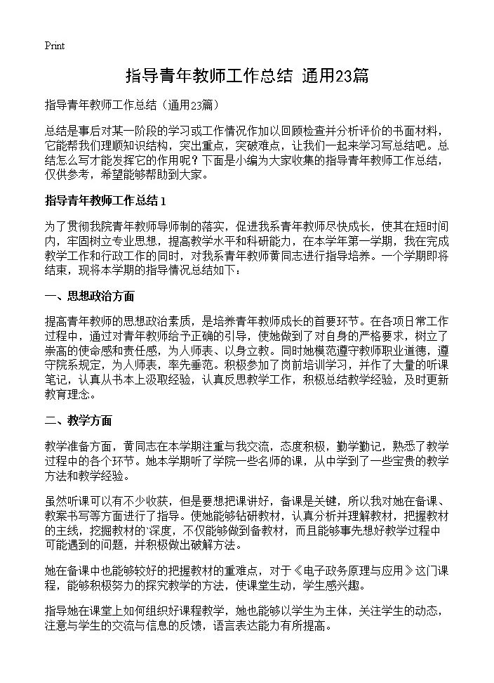 指导青年教师工作总结23篇