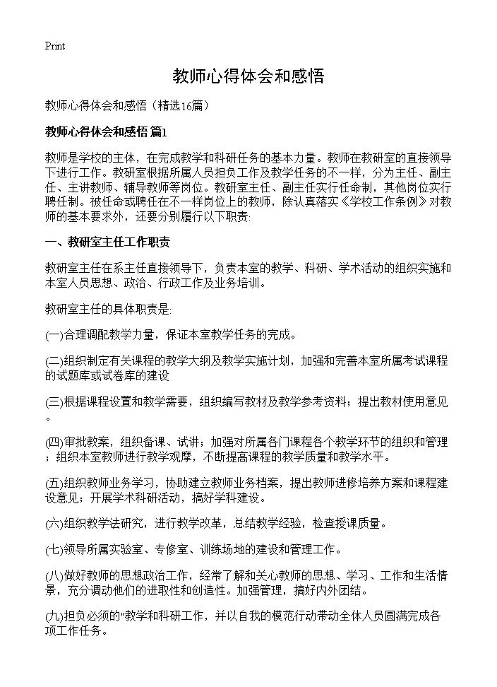 教师心得体会和感悟16篇