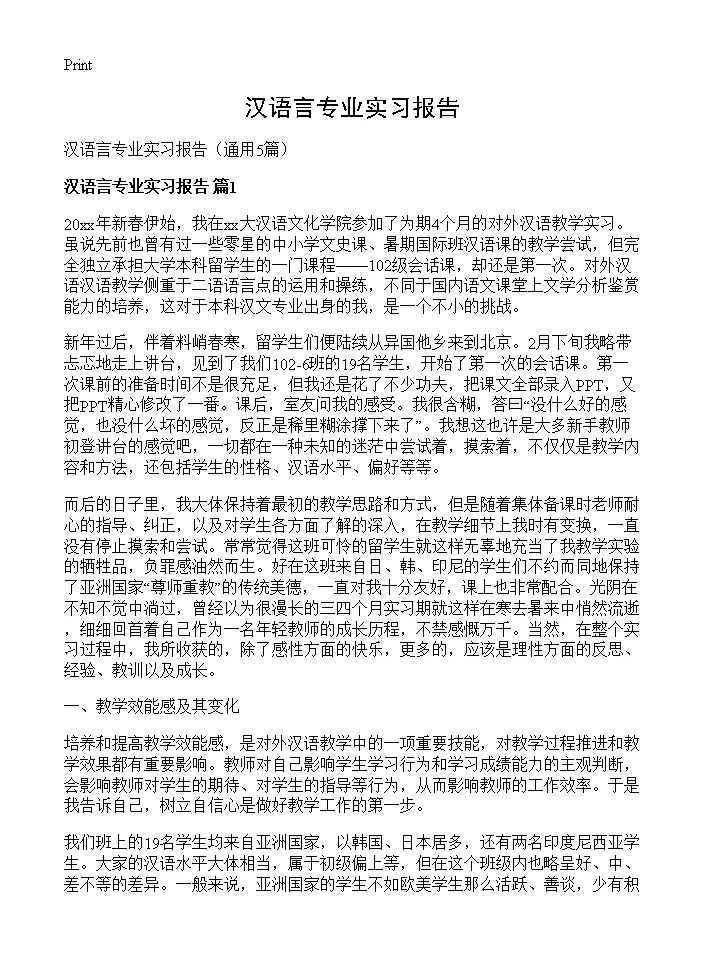 汉语言专业实习报告5篇