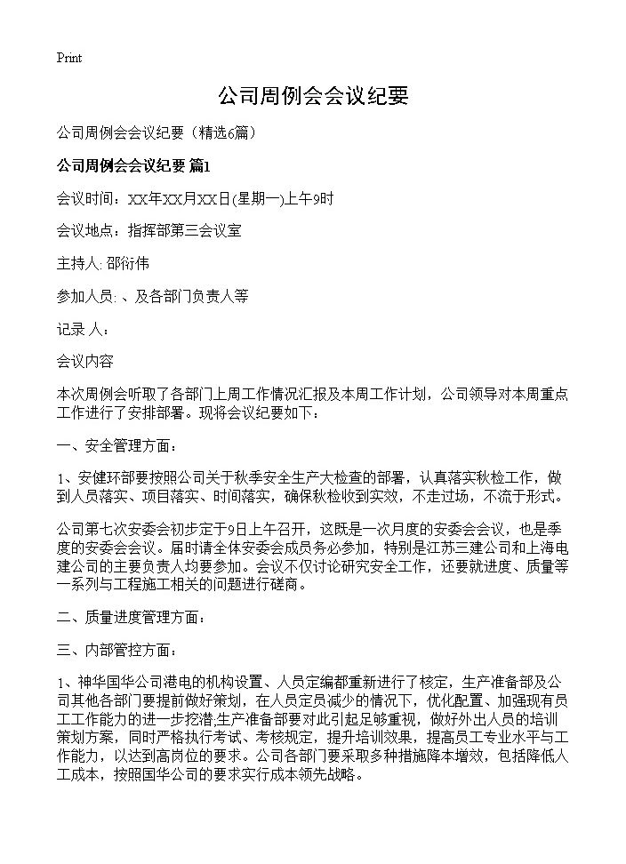 公司周例会会议纪要6篇