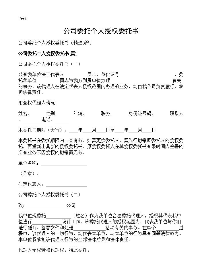 公司委托个人授权委托书3篇