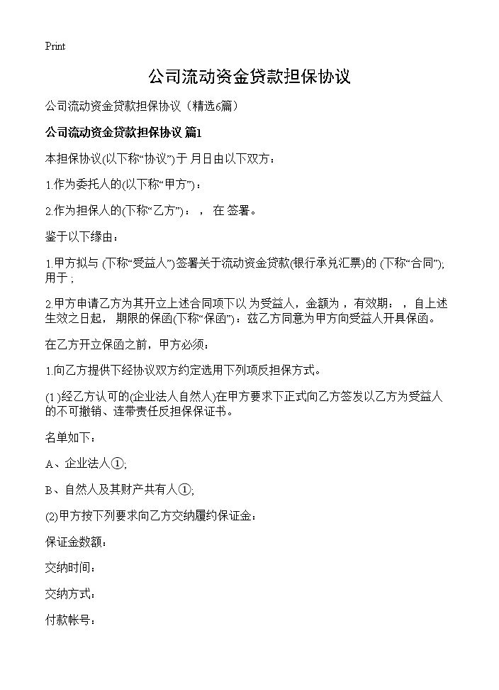 公司流动资金贷款担保协议6篇