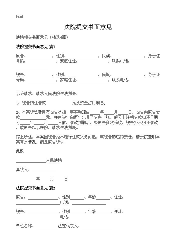 法院提交书面意见4篇