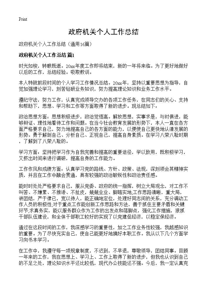 政府机关个人工作总结16篇