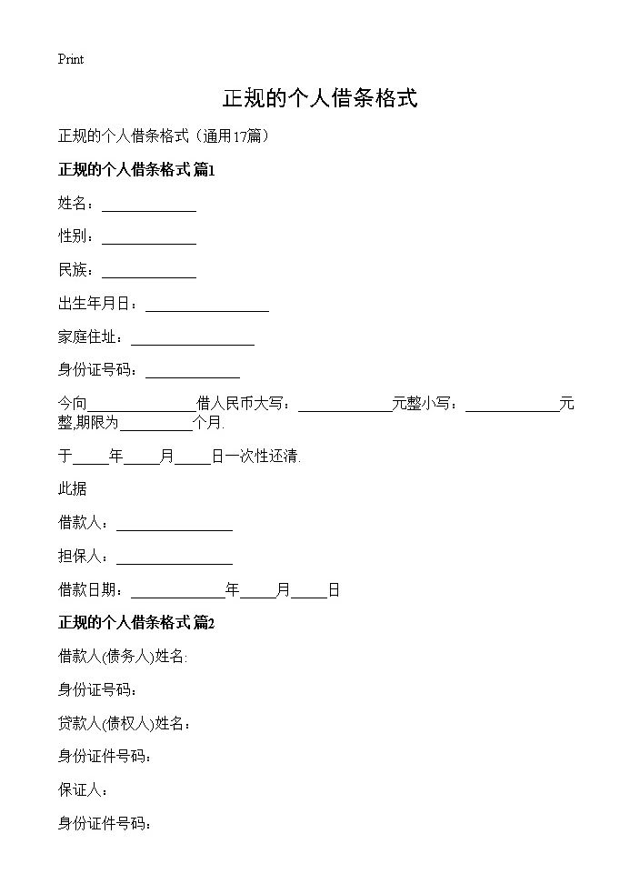 正规的个人借条格式17篇