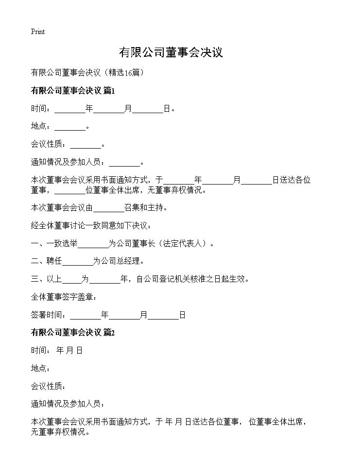 有限公司董事会决议16篇