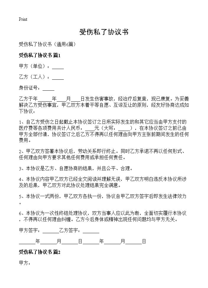 受伤私了协议书6篇