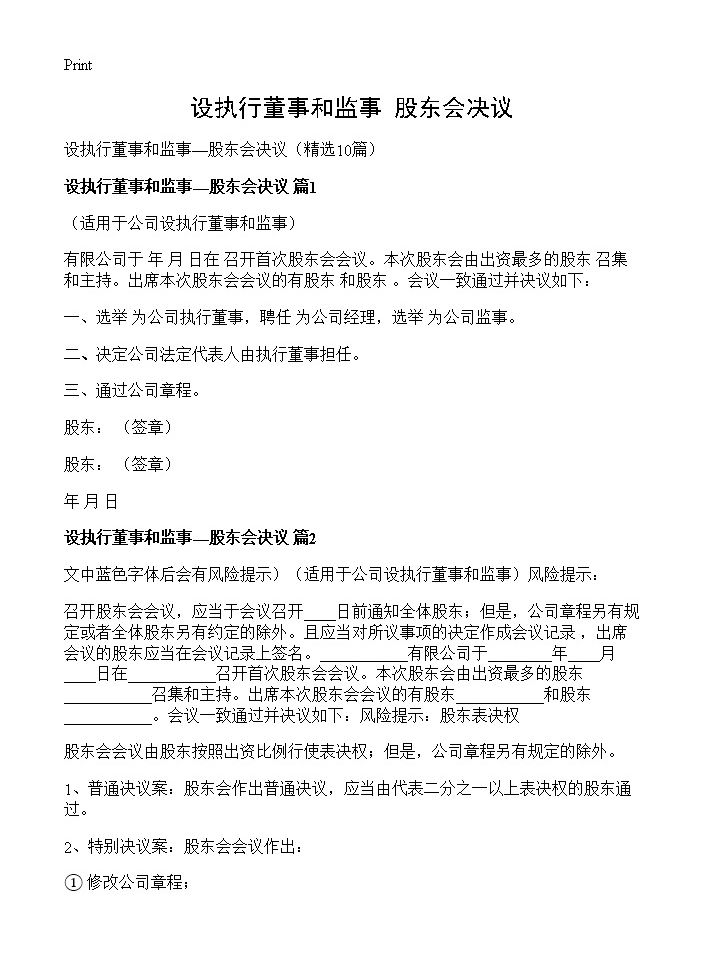 设执行董事和监事股东会决议10篇