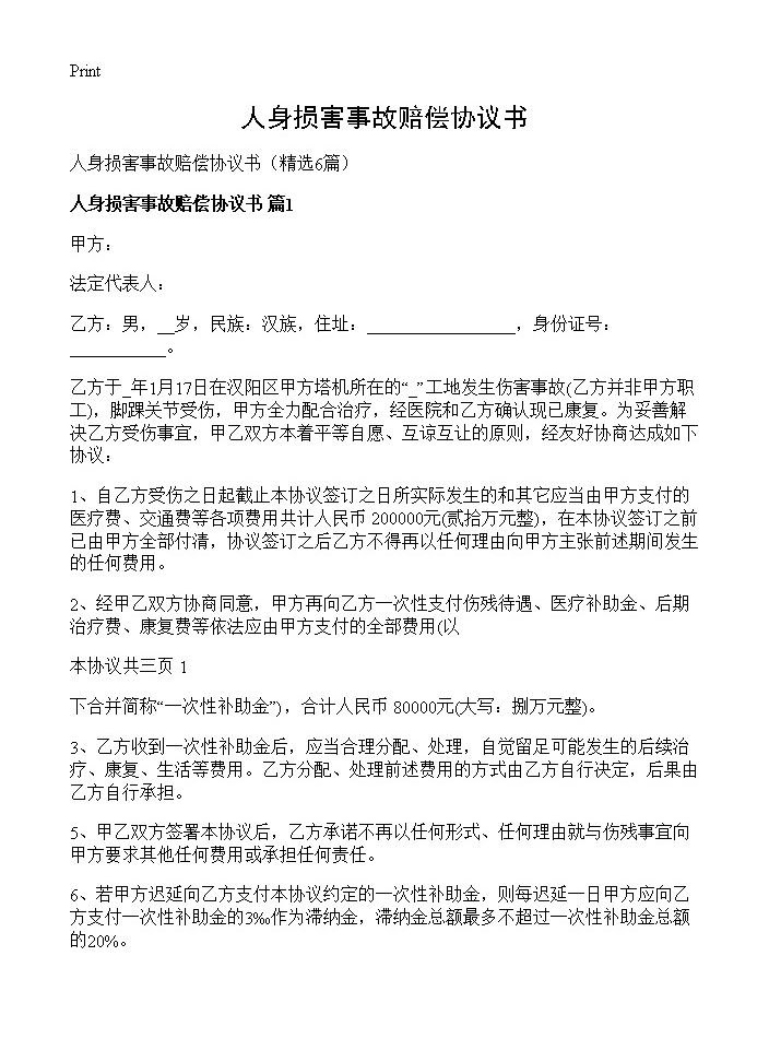 人身损害事故赔偿协议书6篇