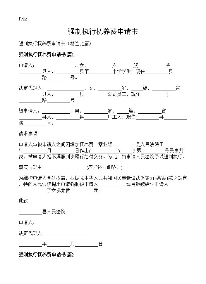 强制执行抚养费申请书12篇