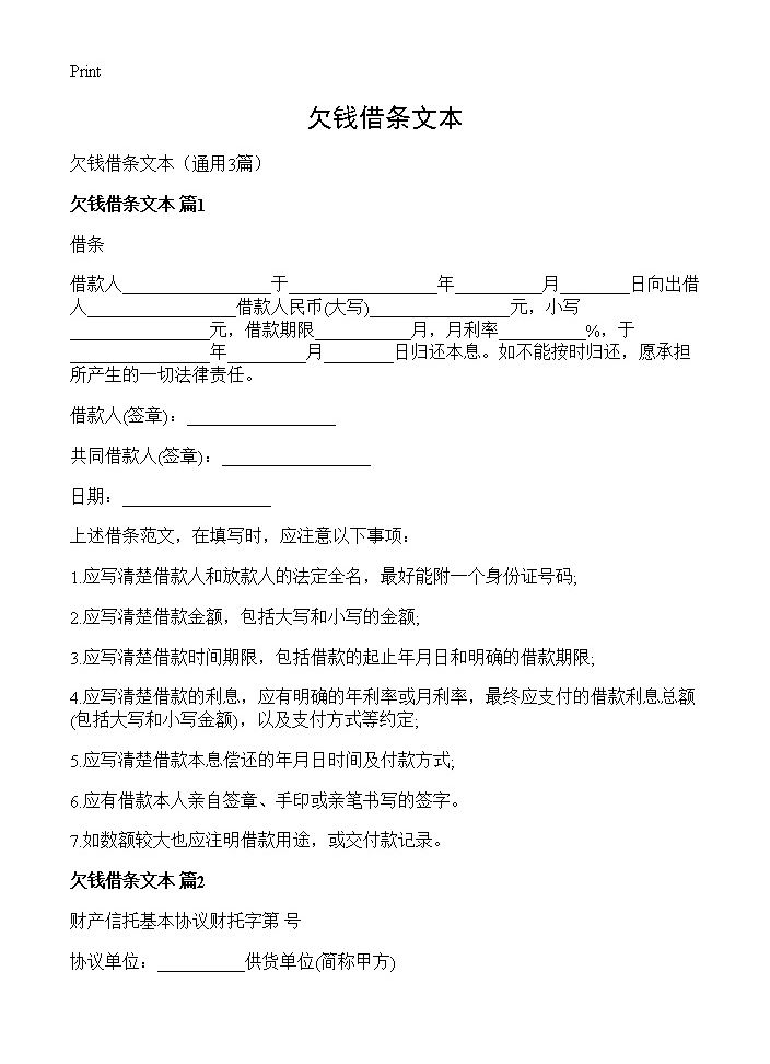 欠钱借条文本3篇