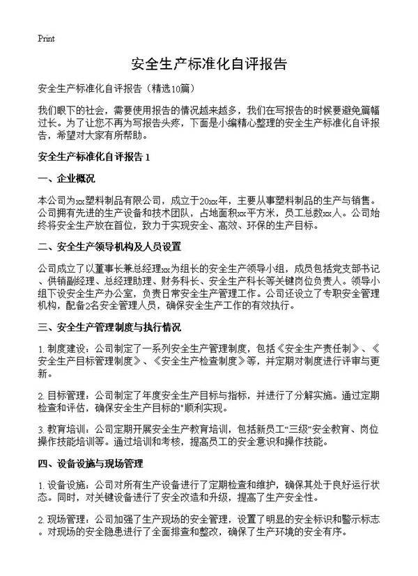 安全生产标准化自评报告10篇
