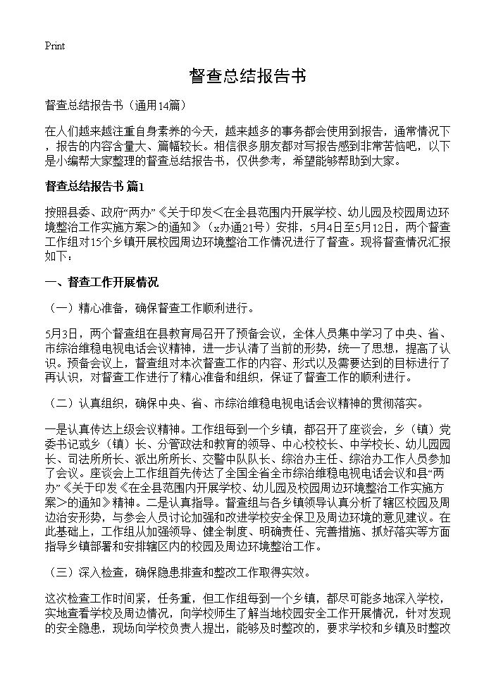 督查总结报告书14篇