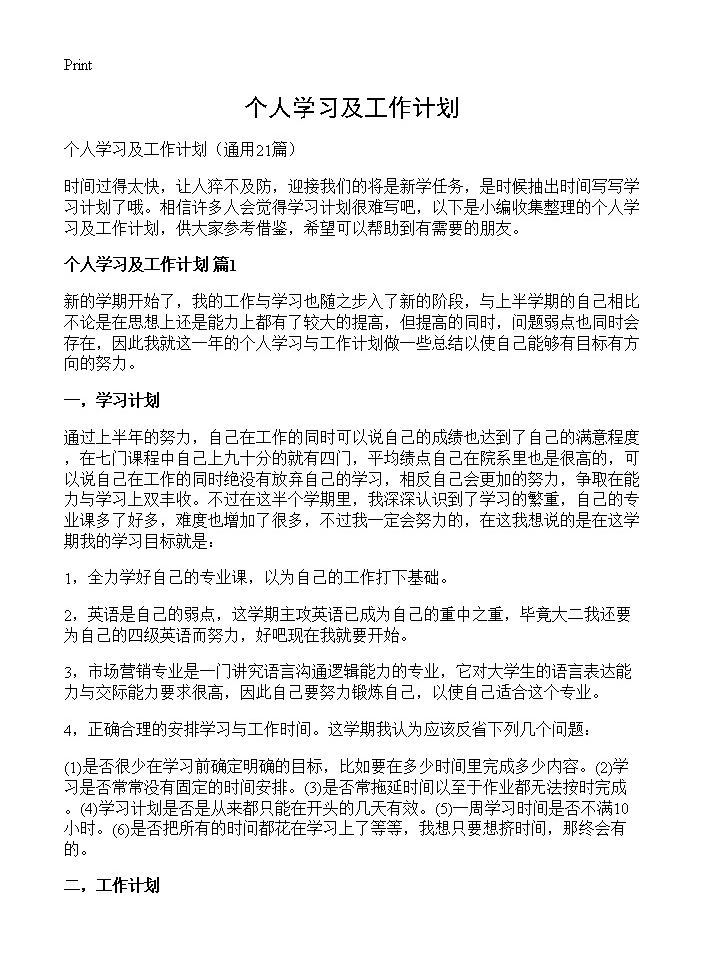 个人学习及工作计划21篇