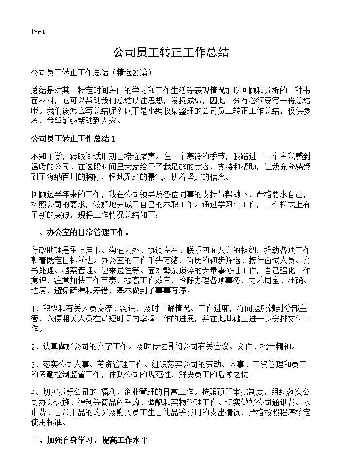 公司员工转正工作总结20篇