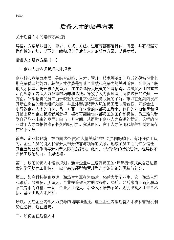 后备人才的培养方案