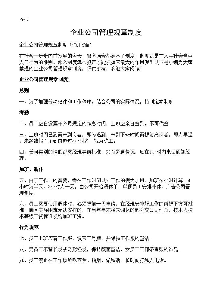 企业公司管理规章制度5篇