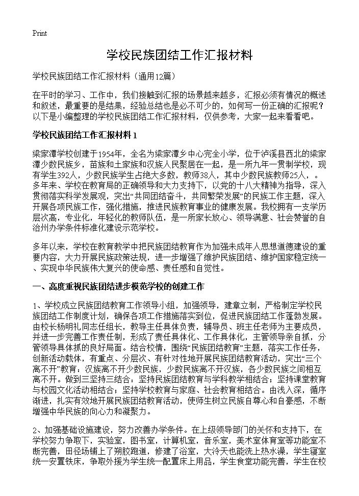 学校民族团结工作汇报材料12篇