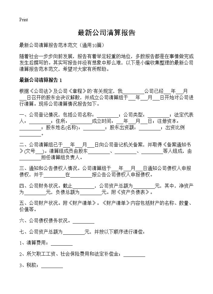 最新公司清算报告10篇