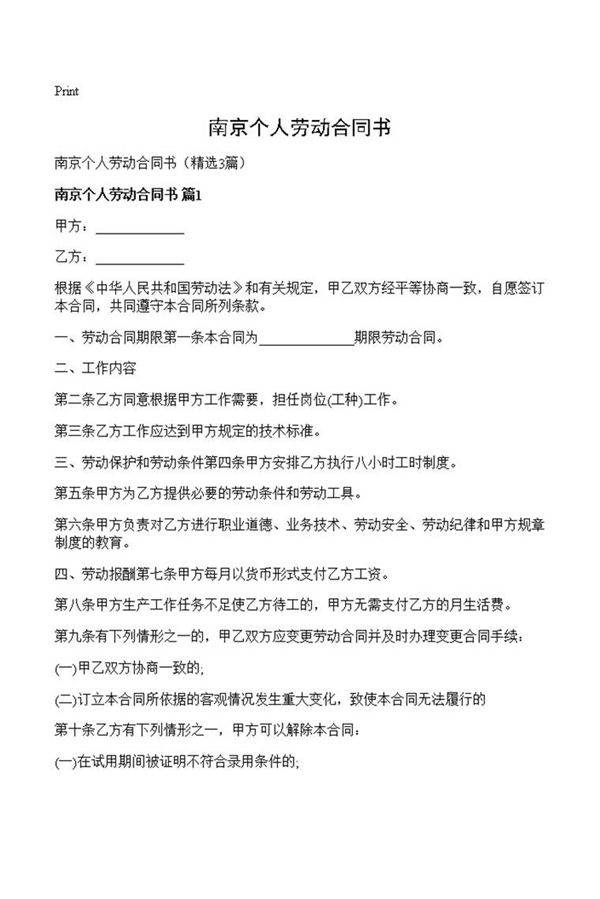 南京个人劳动合同书