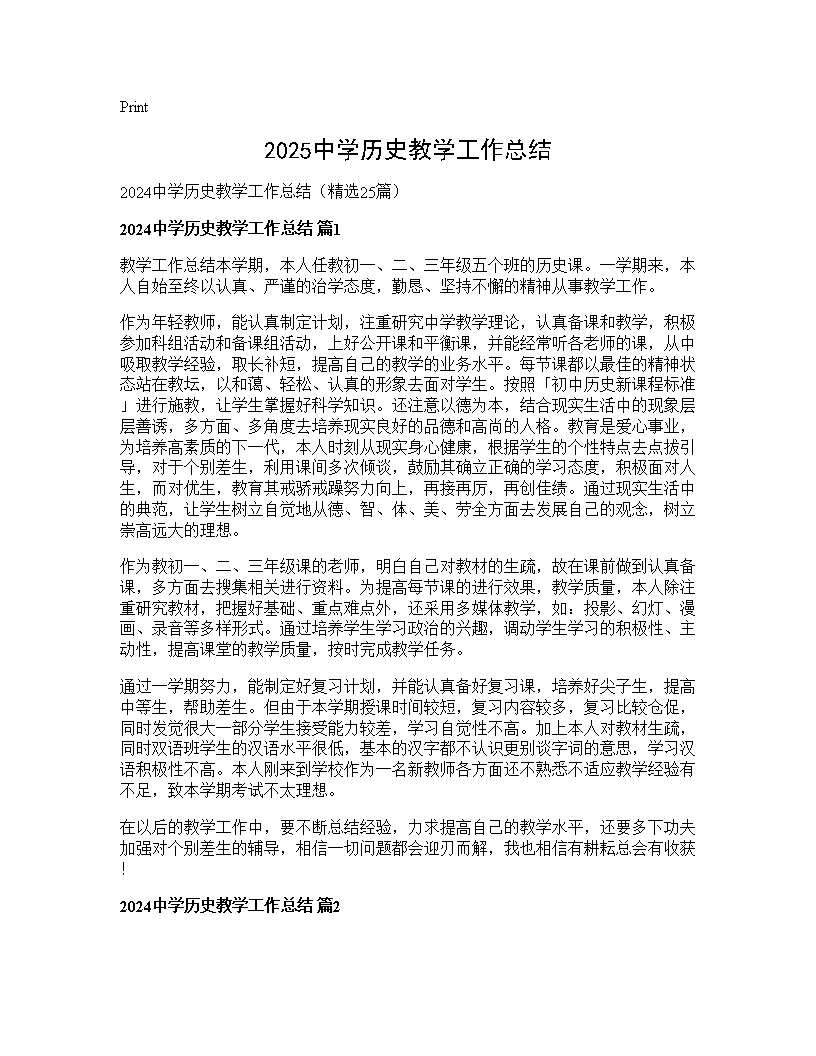 2024中学历史教学工作总结25篇