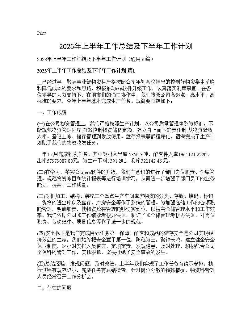 2025年上半年工作总结及下半年工作计划30篇