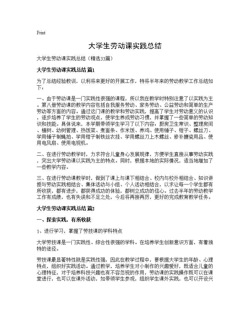 大学生劳动课实践总结 (共33页)