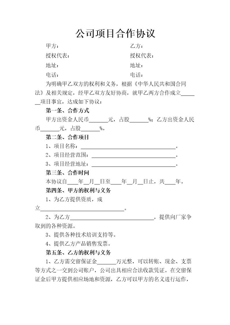 公司项目合作协议模板