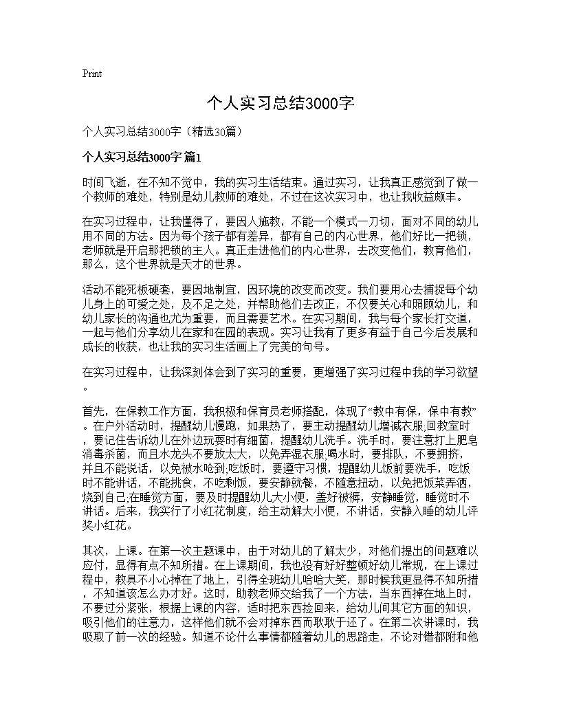 个人实习总结3000字30篇