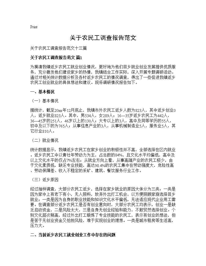 关于农民工调查报告范文