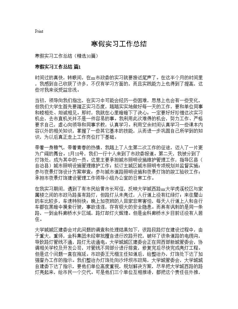 寒假实习工作总结30篇