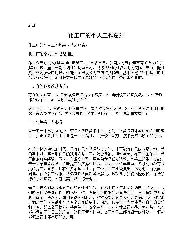 化工厂的个人工作总结35篇