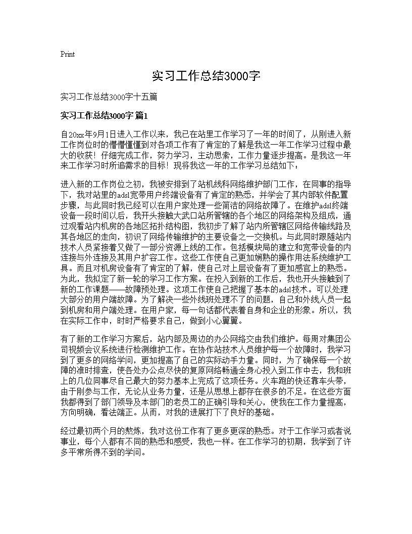 实习工作总结3000字