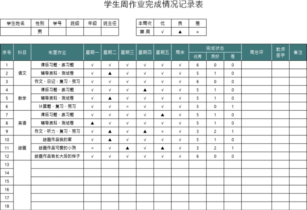 学生周作业完成情况记录表模板