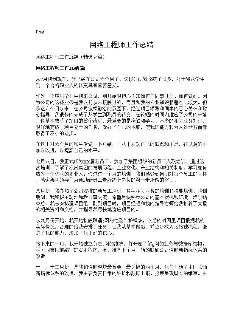 网络工程师工作总结34篇