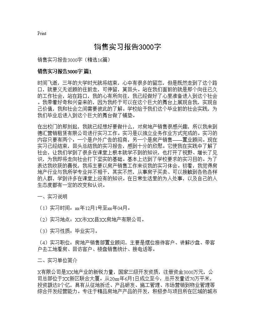 销售实习报告3000字16篇