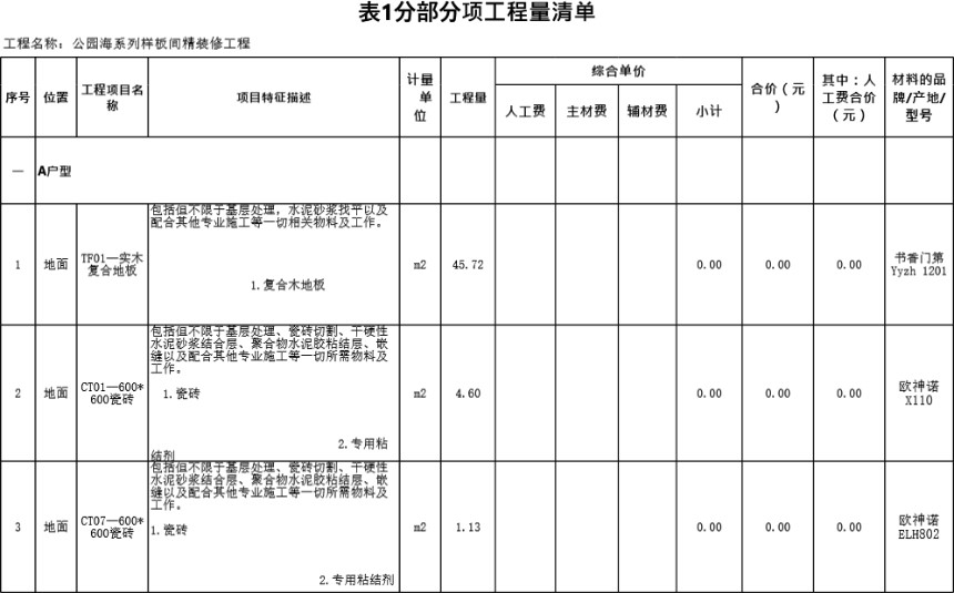 公园海样板间最终版-分包清单