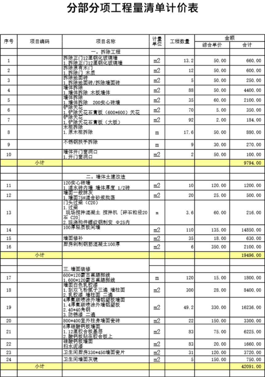 茶馆装修改造清单报价表