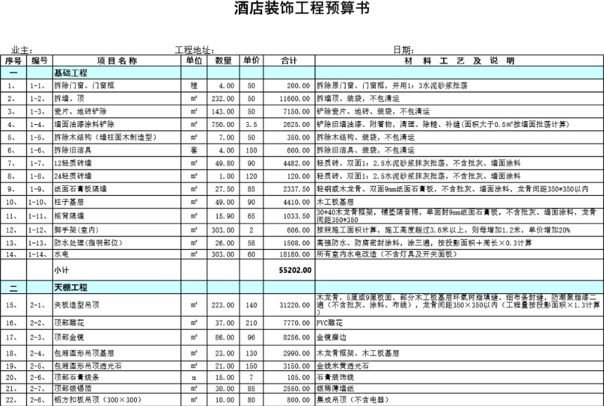 大酒店装饰报价表