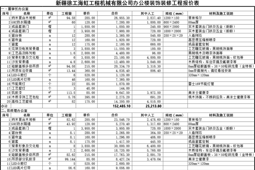 机械厂办公楼装饰装修工程报价表