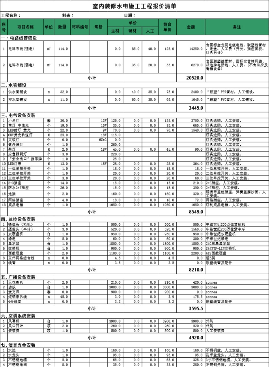 水电施工报价表