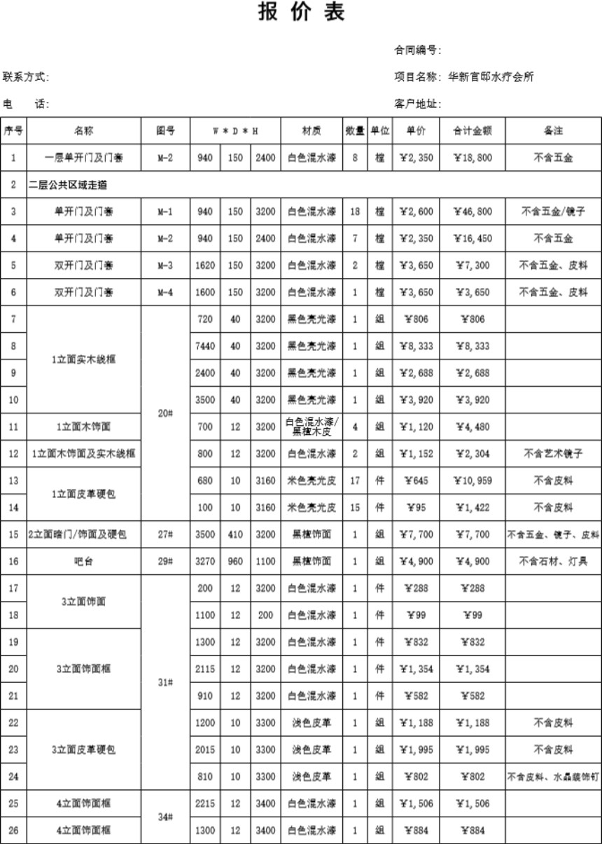 水疗会所报价表