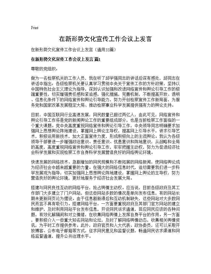 在新形势文化宣传工作会议上发言33篇