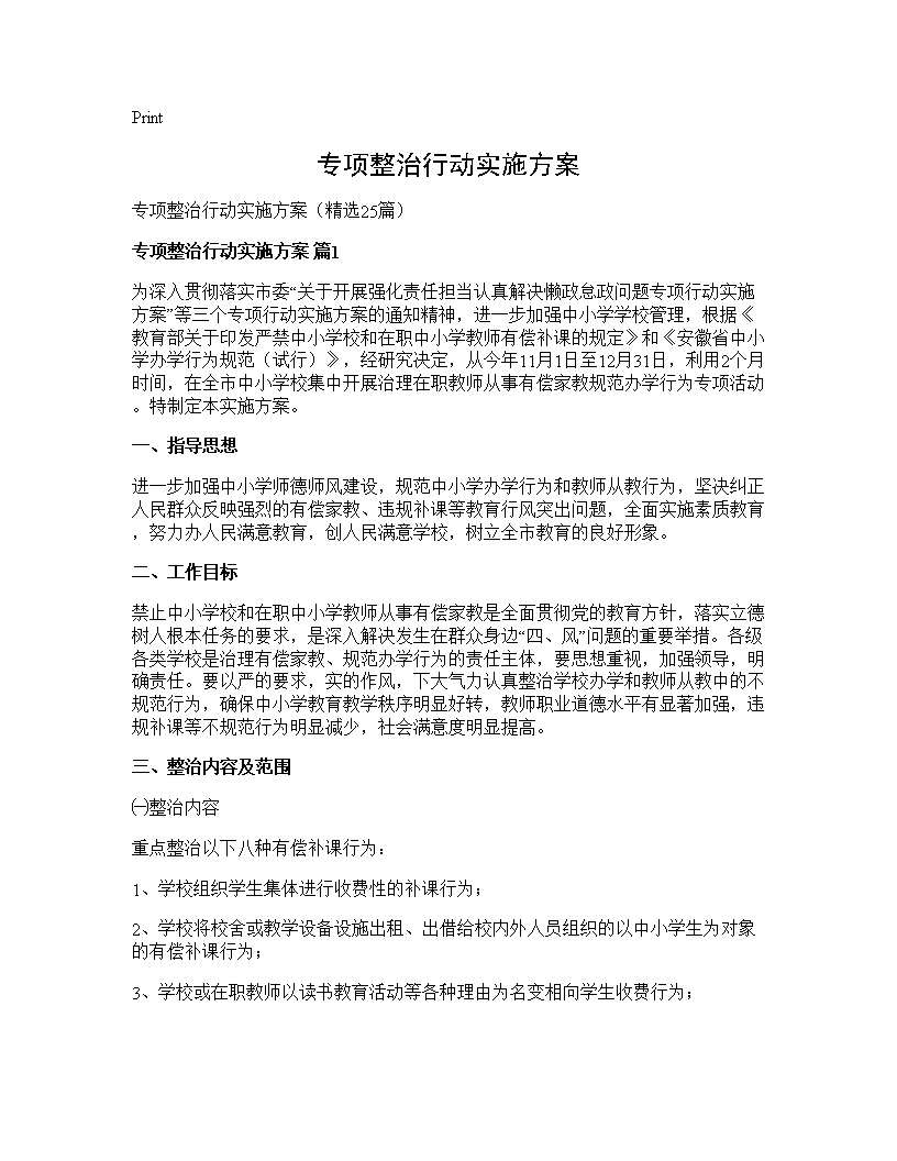 专项整治行动实施方案25篇