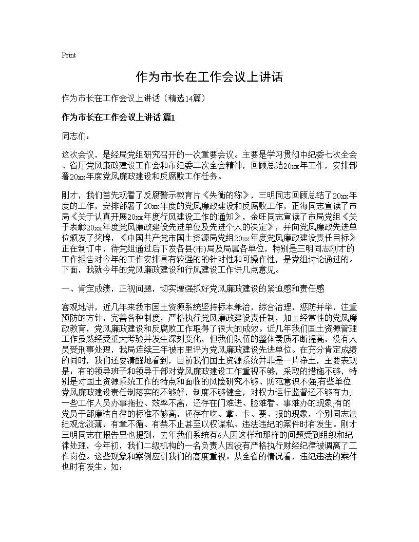 作为市长在工作会议上讲话14篇