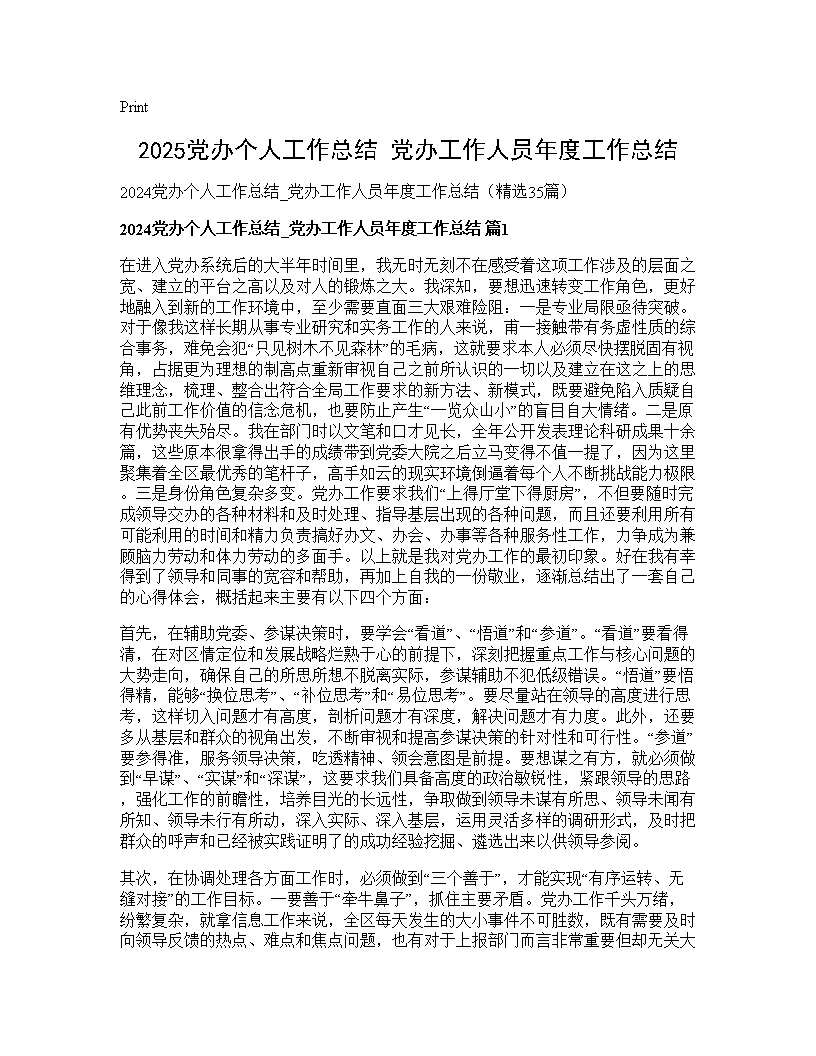 2024党办个人工作总结 党办工作人员年度工作总结35篇